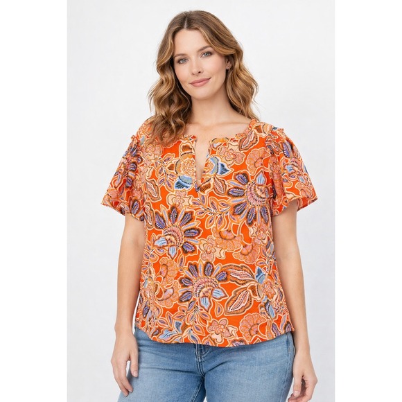 Misa Los Angeles Tops - Misa Los Angeles Floral Blouse Womens S Orange Cotton Flutter Sleeve Suparna Top